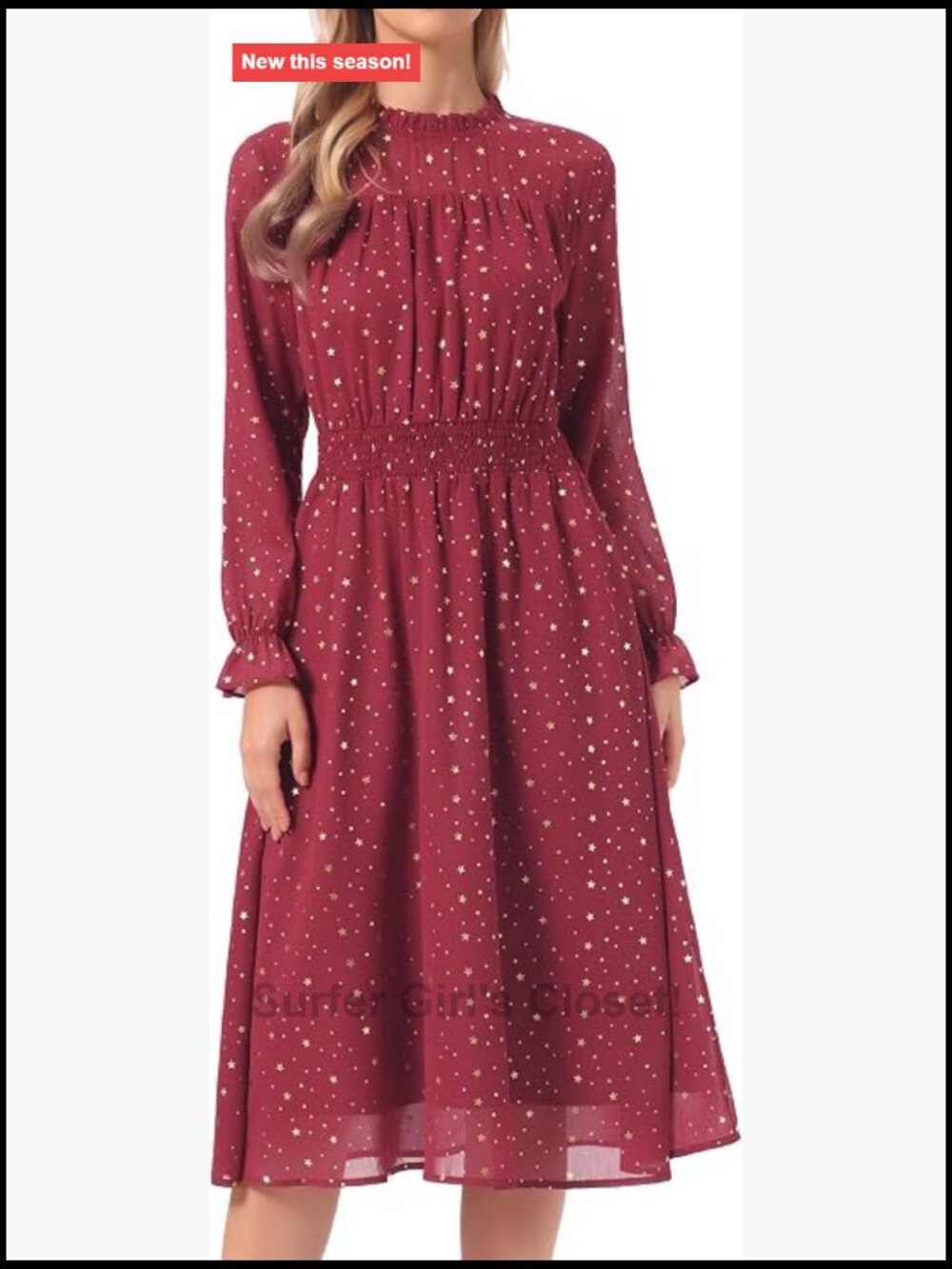 Metallic Stars Chiffon Midi Dress Long Sleeve Smocked A-Line Party